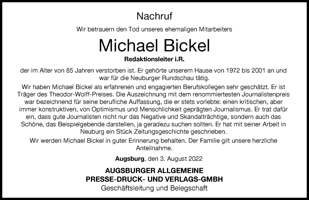  Traueranzeige für Michael Bickel vom 03.08.2022 aus Neuburger Rundschau