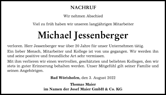 Traueranzeige von Michael Jessenberger von Mindelheimer Zeitung