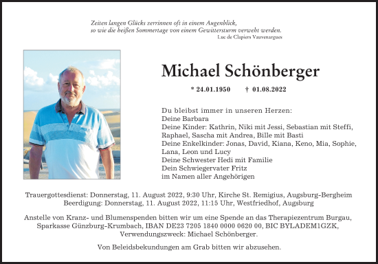 Traueranzeige von Michael Schönberger von Illertisser Zeitung, Augsburger Allgemeine