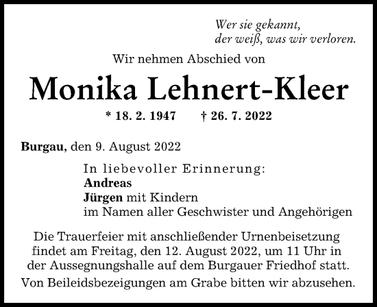Traueranzeige von Monika Lehnert-Kleer von Günzburger Zeitung