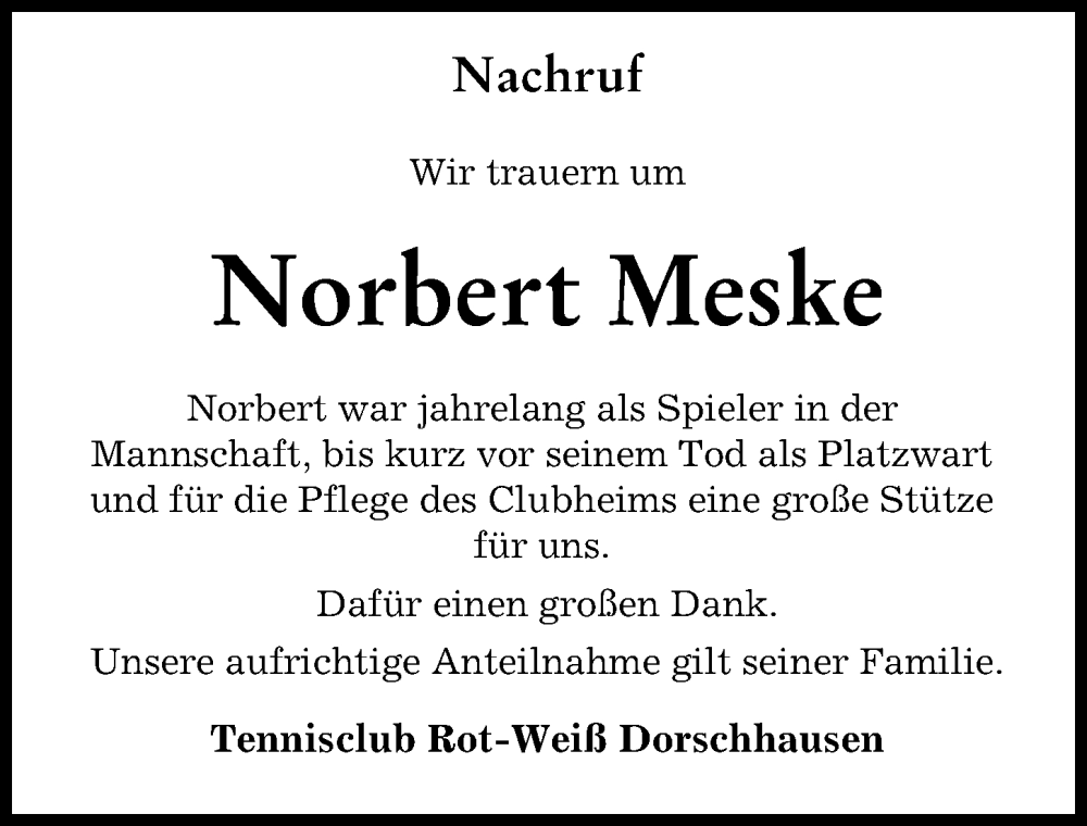  Traueranzeige für Norbert Meske vom 08.08.2022 aus Mindelheimer Zeitung