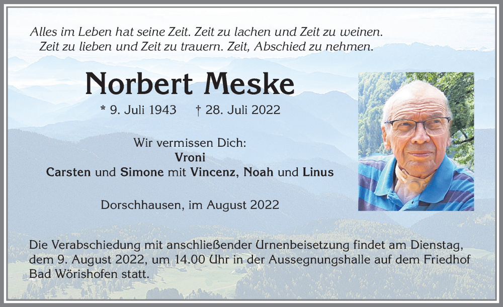  Traueranzeige für Norbert Meske vom 05.08.2022 aus Mindelheimer Zeitung