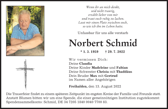 Traueranzeige von Norbert Schmid von Augsburger Allgemeine, Günzburger Zeitung