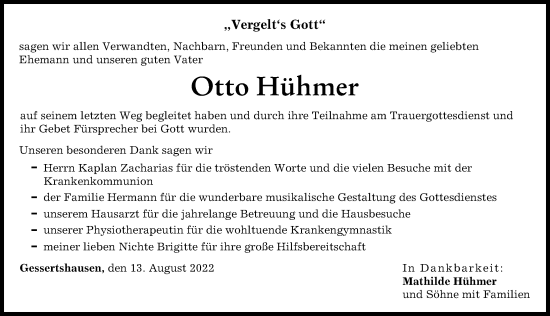 Traueranzeige von Otto Hühmer von Augsburg-Land