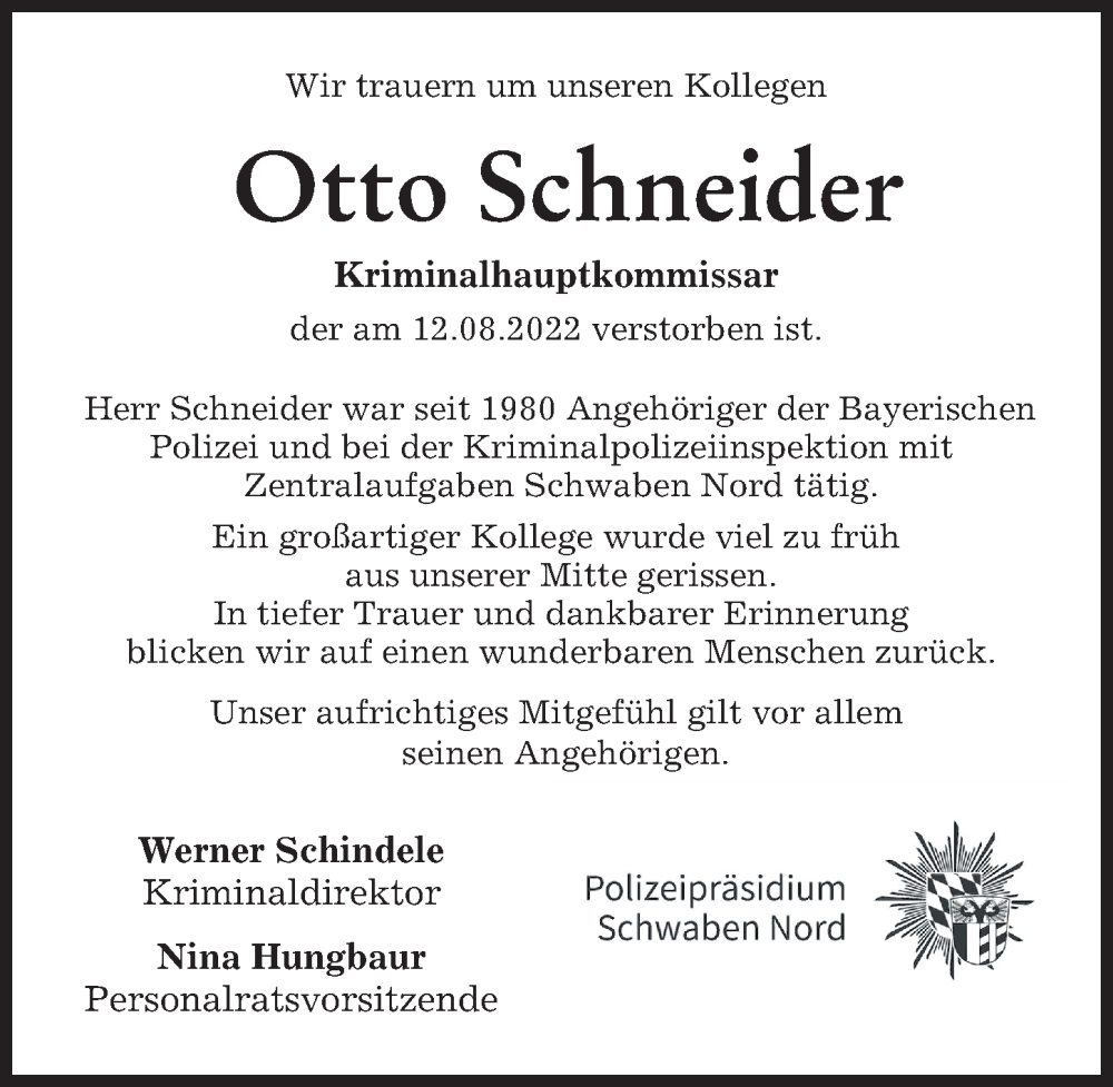  Traueranzeige für Otto Schneider vom 20.08.2022 aus Augsburger Allgemeine