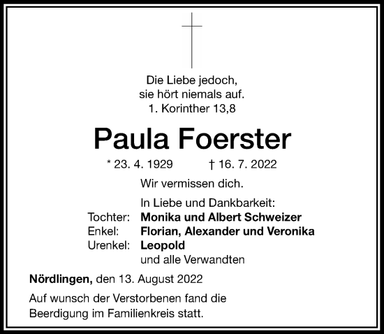 Traueranzeige von Paula Foerster von Rieser Nachrichten