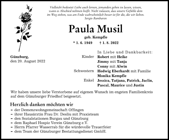 Traueranzeige von Paula Musil von Günzburger Zeitung