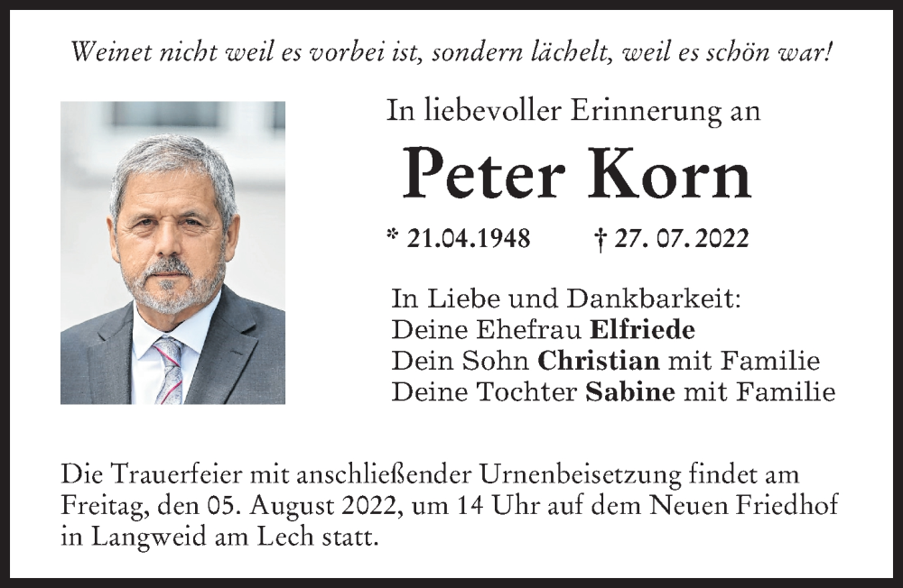  Traueranzeige für Peter Korn vom 03.08.2022 aus Augsburg-Land