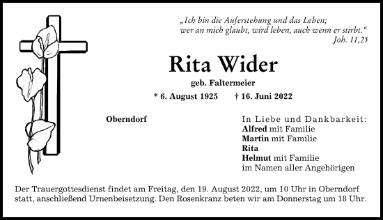 Traueranzeige von Rita Wider von Donauwörther Zeitung