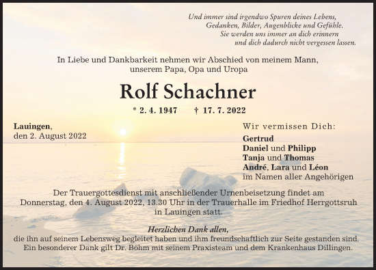Traueranzeige von Rolf Schachner von Donau Zeitung