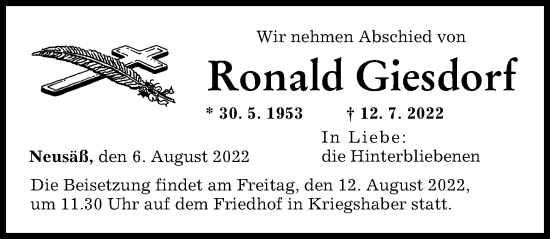 Traueranzeige von Ronald Giesdorf von Augsburger Allgemeine