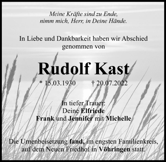 Traueranzeige von Rudolf Kast von Illertisser Zeitung