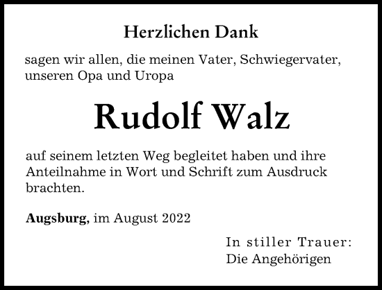 Traueranzeige von Rudolf Walz von Augsburger Allgemeine