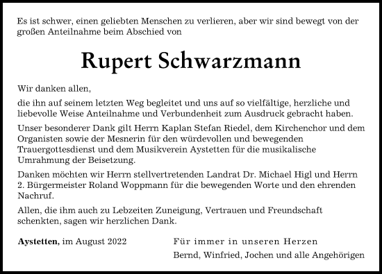 Traueranzeige von Rupert Schwarzmann von Mittelschwäbische Nachrichten, Augsburger Allgemeine