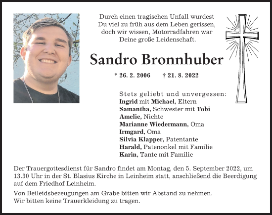 Traueranzeige von Sandro Bronnhuber von Günzburger Zeitung