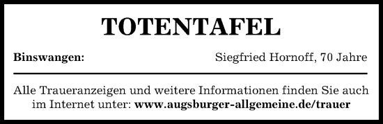 Traueranzeige von Siegfried Hornoff von Augsburg-Land