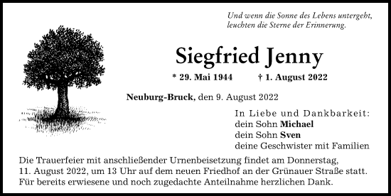Traueranzeige von Siegfried Jenny von Neuburger Rundschau