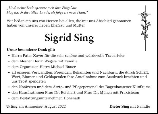 Traueranzeige von Sigrid Sing von Landsberger Tagblatt