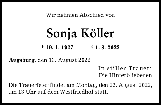Traueranzeige von Sonja Köller von Augsburger Allgemeine
