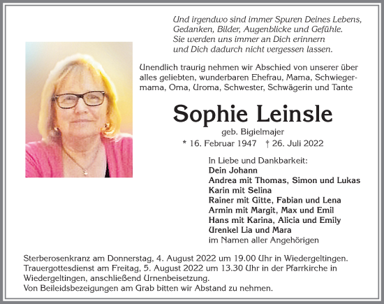 Traueranzeige von Sophie Leinsle von Augsburger Allgemeine, Mindelheimer Zeitung
