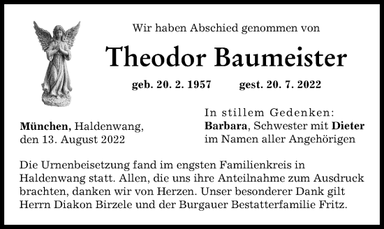 Traueranzeige von Theodor Baumeister von Günzburger Zeitung