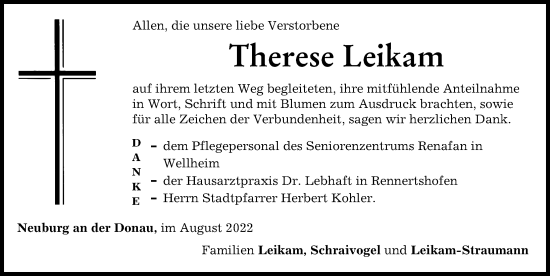 Traueranzeige von Therese Leikam von Neuburger Rundschau
