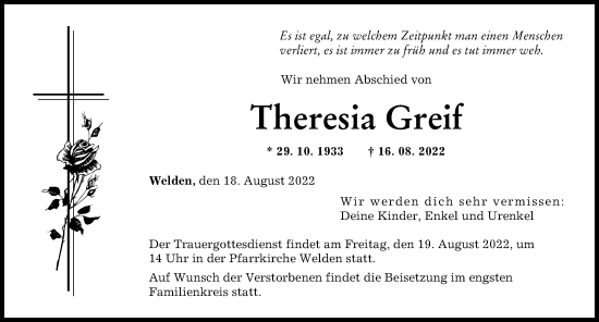 Traueranzeige von Theresia Greif von Augsburg-Land