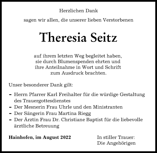 Traueranzeige von Theresia Seitz von Augsburger Allgemeine