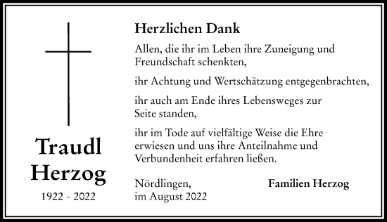 Traueranzeige von Traudl Herzog von Rieser Nachrichten