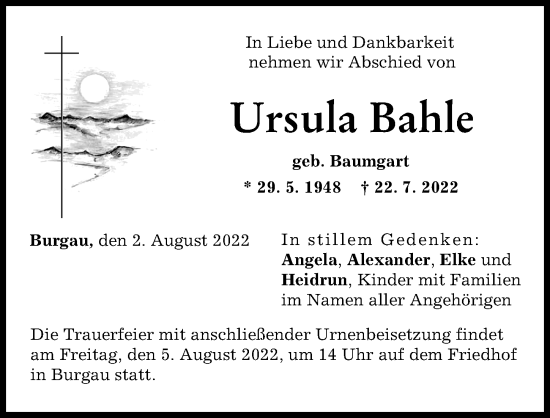 Traueranzeige von Ursula Bahle von Günzburger Zeitung