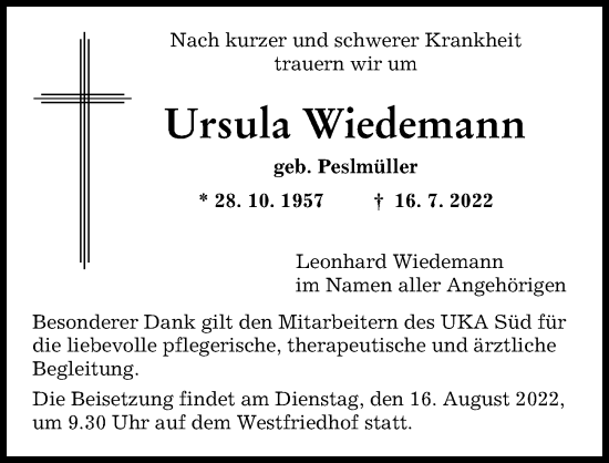 Traueranzeige von Ursula Wiedemann von Augsburger Allgemeine