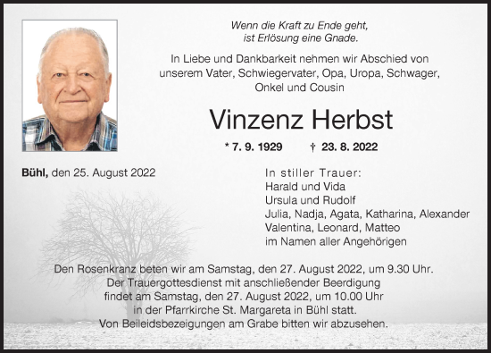 Traueranzeige von Vinzenz Herbst von Günzburger Zeitung