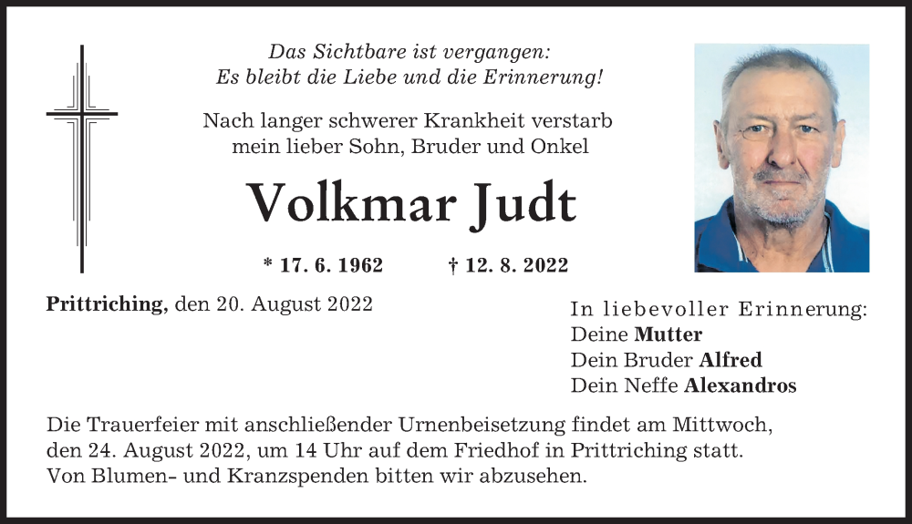  Traueranzeige für Volkmar Judt vom 20.08.2022 aus Landsberger Tagblatt
