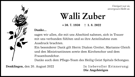 Traueranzeige von Walli Zuber von Landsberger Tagblatt