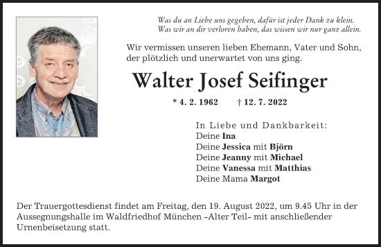 Traueranzeige von Walter Josef Seifinger von Friedberger Allgemeine