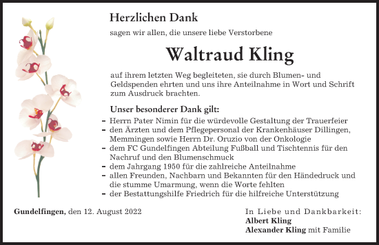 Traueranzeige von Waltraud Kling von Donau Zeitung