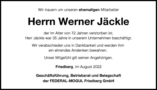 Traueranzeige von Werner Jäckle von Friedberger Allgemeine