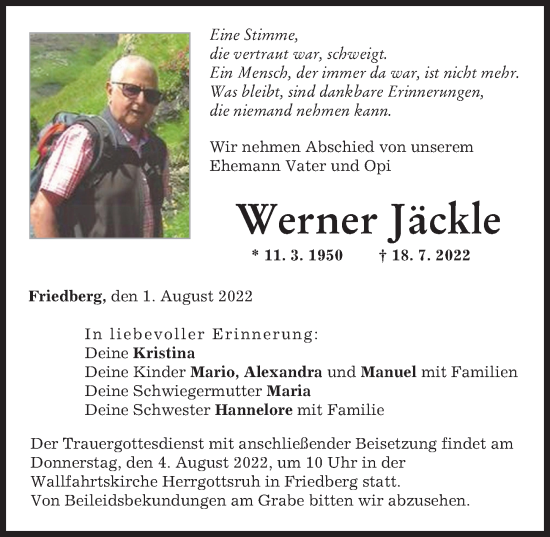 Traueranzeige von Werner Jäckle von Friedberger Allgemeine
