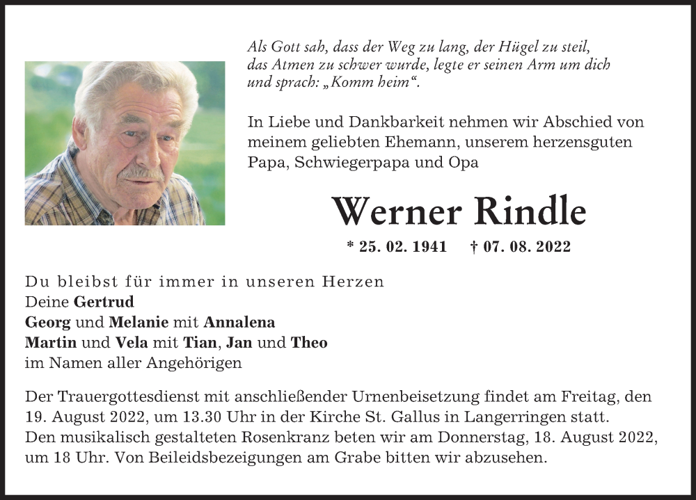 Traueranzeige für Werner Rindle vom 16.08.2022 aus Schwabmünchner Allgemeine