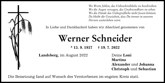 Traueranzeige von Werner Schneider von Landsberger Tagblatt