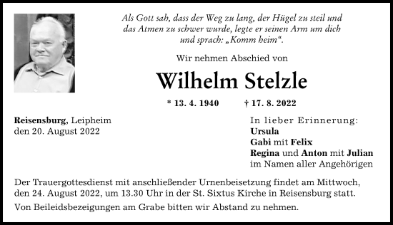 Traueranzeige von Wilhelm Stelzle von Günzburger Zeitung