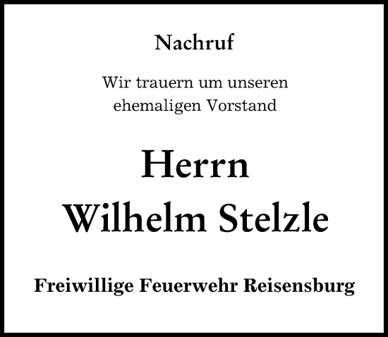 Traueranzeige von Wilhelm Stelzle von Günzburger Zeitung