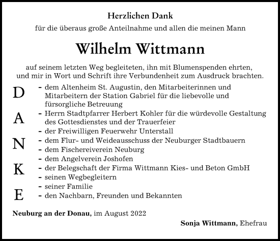 Traueranzeige von Wilhelm Wittmann von Neuburger Rundschau