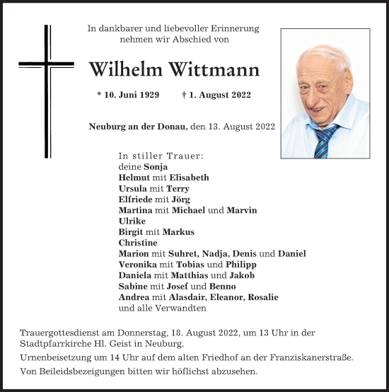 Traueranzeige von Wilhelm Wittmann von Neuburger Rundschau
