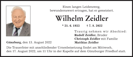Traueranzeige von Wilhelm Zeidler von Günzburger Zeitung