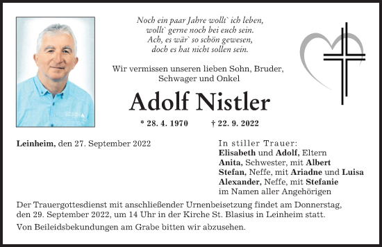 Traueranzeige von Adolf Nistler von Günzburger Zeitung