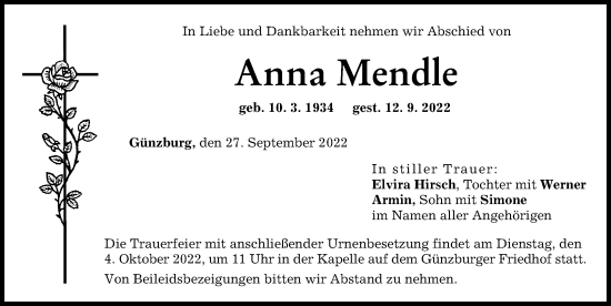 Traueranzeige von Anna Mendle von Mittelschwäbische Nachrichten, Günzburger Zeitung