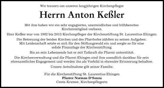 Traueranzeige von Anton Keßler von Wertinger Zeitung, Augsburg-Land