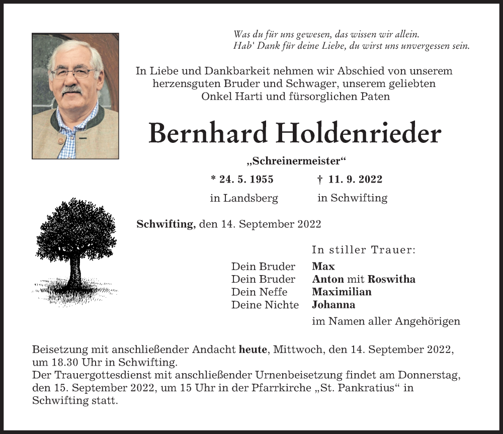  Traueranzeige für Bernhard Holdenrieder vom 14.09.2022 aus Landsberger Tagblatt