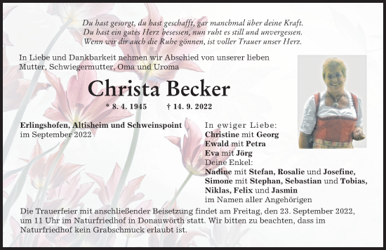 Traueranzeige von Christa Becker von Donauwörther Zeitung